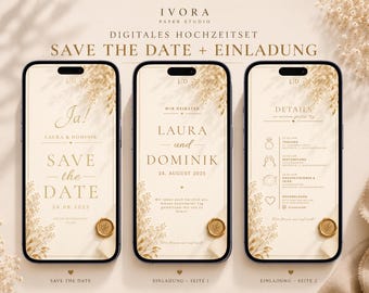 Paquete de invitaciones de boda digitales, tarjeta de reserva de fecha e invitación de 2 páginas, plantilla de Canva, invitación de boda para móvil, invitación de WhatsApp