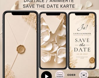 Invito di matrimonio digitale animato Save the Date | Beige | Modello Canva | Modificabile | Download immediato | SVzuDE003