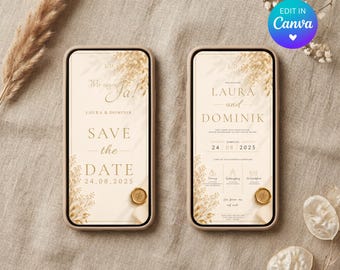 Modello digitale per invito di matrimonio, set "save the date" e invito, modello di matrimonio Canva, invito per cellulare, invito WhatsApp, crema
