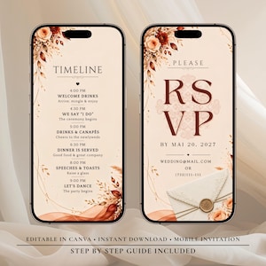May include: Two smartphones displaying digital wedding invitations with a cream background, floral accents in rust and peach, and dark brown text. The left screen shows a timeline, while the right screen features RSVP details and an envelope graphic.