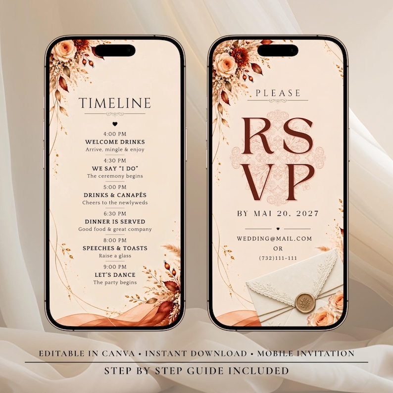 May include: Two smartphones displaying digital wedding invitations with a cream background, floral accents in rust and peach, and dark brown text. The left screen shows a timeline, while the right screen features RSVP details and an envelope graphic.