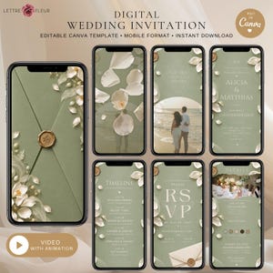 Può includere: Un set di modelli di invito a nozze digitale per dispositivi mobili con una tavolozza di colori verde salvia, accenti floreali bianchi e una grafica con sigillo di cera dorato. Gli schermi mostrano testo tra cui Timeline, RSVP e dettagli per Alicia e Matthias.
