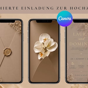 May include: Three smartphones displaying a digital wedding invitation template in beige tones. The screens show an envelope with a gold wax seal, white orchid flowers, and text including names Laura and Dominik with the date August 24, 2027.