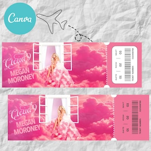 May include: Two pink concert tickets featuring a woman in a pink dress sitting in a window with a pink cloud background. The tickets have the text "Cloud 9 Megan Moroney" and a barcode.