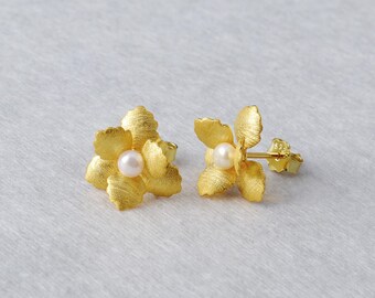 Sterlingzilveren bloemoorbellen, 18 kt vergulde bloemenoorbellen