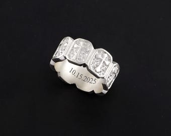 Engraved Christian Cross Ring 925 Sterling Silver, Wedding Couple Band Statement Jewelry Gift