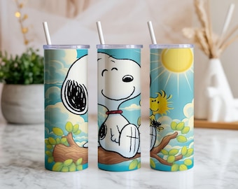 Papier pour gobelet mignon chiot et oiseau PNG | Nuage de ciel ensoleillé | 20 oz droits et coniques | Téléchargement numérique par sublimation