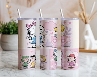 Emballage de gobelet pour chiot et chien de dessin animé PNG | Amour coeurs roses et tasse à thé | 20 oz, droit et conique à téléchargement numérique par sublimation