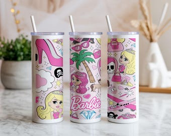 Emballage esthétique pour gobelet pour poupée rose PNG en téléchargement numérique, sublimation, 20 oz, coupe skinny droite et fuselée girly glam fashion