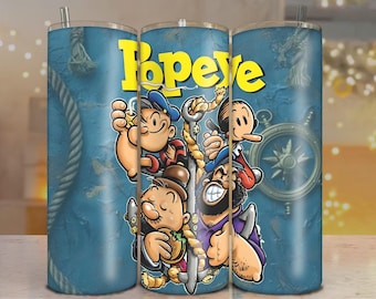 Bicchiere da 20 once con cartone animato Popeye in formato PNG, design divertente con sublimazione di un marinaio (download digitale)