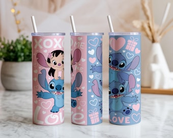 Joli papier peint pour gobelet Alien Love PNG | 20 oz droits et coniques | Téléchargement numérique rose bleu coeurs sublimation