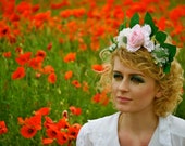 SALE Floral headband or garland Large Pink Rose & Ivory scabiosa spray.