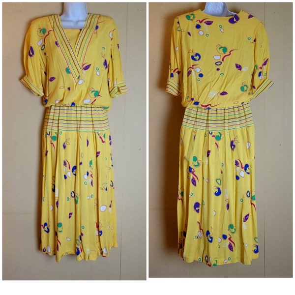 Vtg 1980s Mindy Malone Dress Size 6 Yellow Sailor/Nautical Styling Pleated Skirt