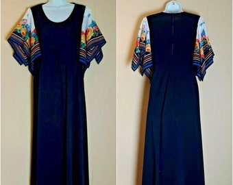 Vtg 1970s 'It's A Lehigh' Maxi Dress 10 Black Knit & Floral Handkerchief Sleeves