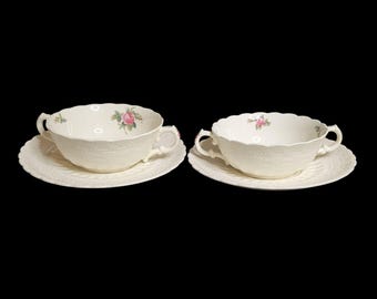 2 miski do zupy kremowej z uchwytem Jewel Billingsley Rose marki Copeland Spode's i talerze podkładowe