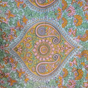 VERA Rectangular Silk Scarf Blue/Pink/Green Paisley Hand-Rolled Hem 15&quot;x44&quot;