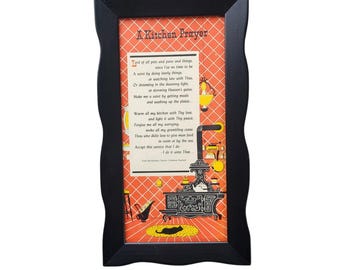 Vtg 1950s/1960s 'A Kitchen Prayer' Framed Wall Decor Orange Black 8.5"x15"