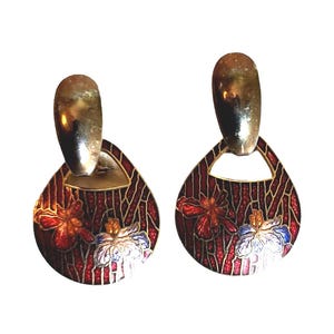 Vtg Enamel Cloisonne Door-Knocker Pierced Earrings Dark Red Floral Silver-Tone