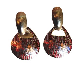 Vtg Enamel Cloisonne Door-Knocker Pierced Earrings Dark Red Floral Silver-Tone