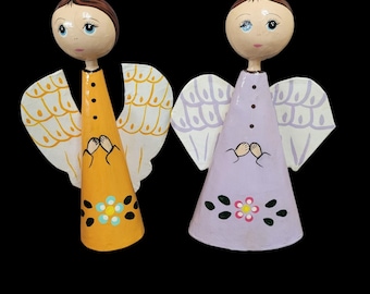 2 Mexican Paper Papier Mache Angel Figures Lavender & Orange Christmas 10" Tall