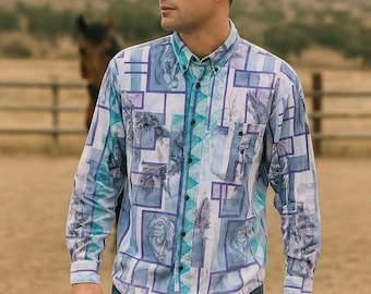 Men's Vtg Wrangler Western Shirt 18-36 (2XL) Green/Purple Native American