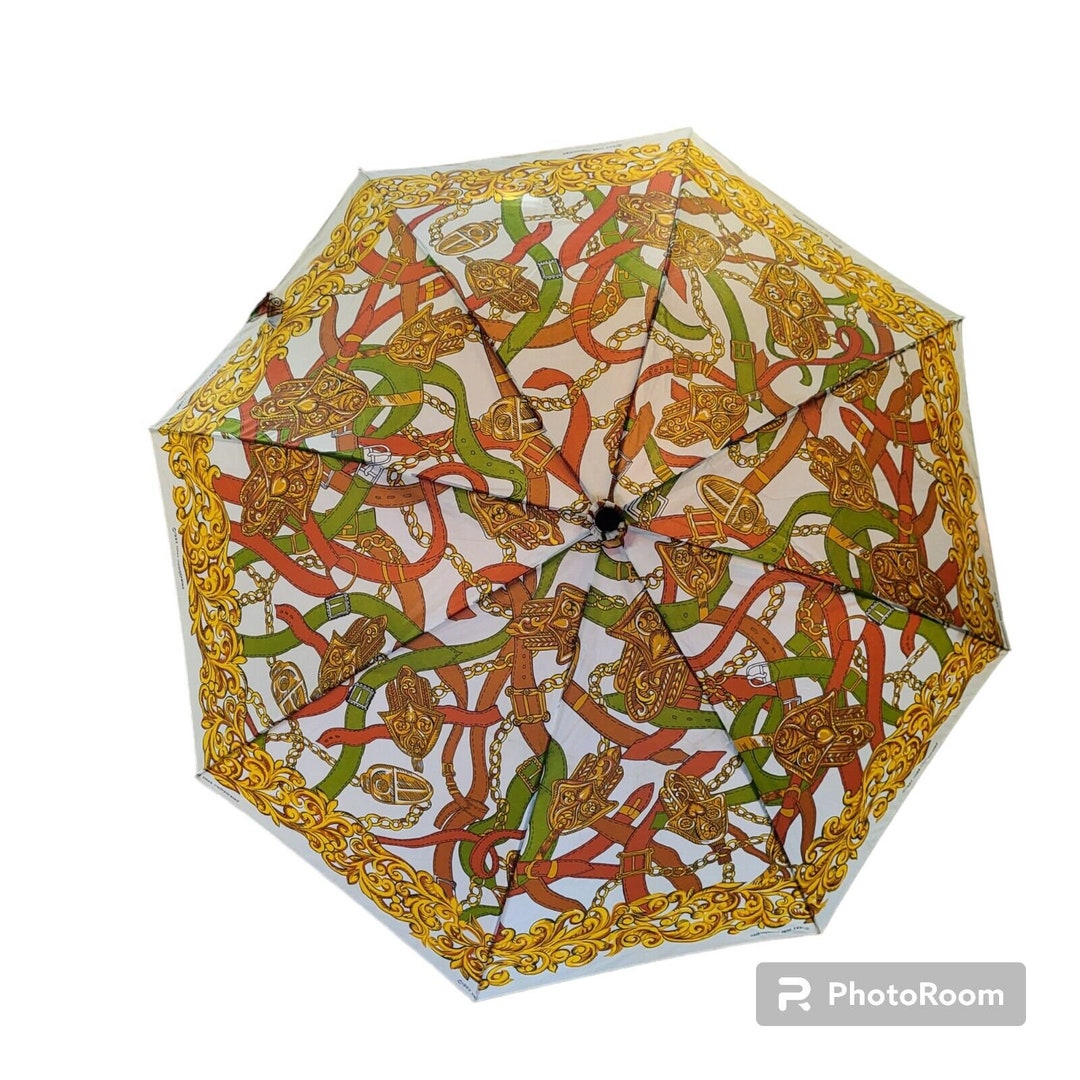 Vtg 1992 Totes Umbrella Status Print Cream Green Brown Gold Etsy