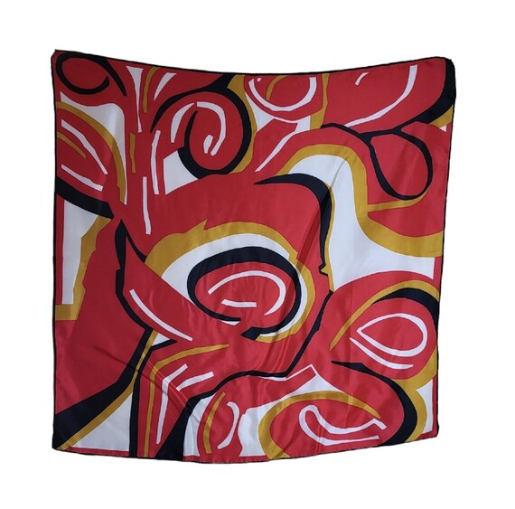 Vtg Silk Scarf Red/Black/Tan/White Abstract Print 