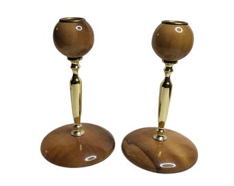 2 Vtg Myrtlewood and Gold-Tone Metal Candleholders - Made in Oregon - 7" Tall