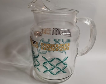 Vtg Lemonade Iced Tea Pitcher Clear Glass with Green & Metallic Gold 2-Quart