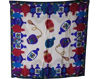 Vtg Liz Claiborne Scarf Blue Purple Red Green Perfume Bottle Print - 31" x 31"
