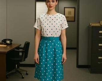 Vtg Leslie Fay Dress Size 14 Teal Green & White Polka Dot Matching Belt