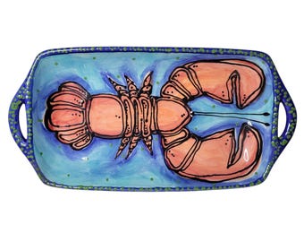 Studio Pottery Blue Ceramic Lobster Platter Tray Artist Signed "Reyman" 17"x8.5"