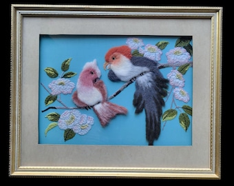 Vtg Framed Bird Picture Embroidery Fluffy Fabric Textile Art 22"x17.5"