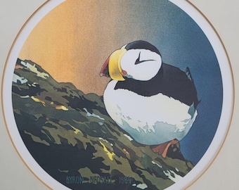 1984 Byron Birdsall Print of Puffin Seabird - Alaska Artist 14.5" x 14.5"