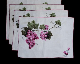 Set of 4 Vtg Luther Travis Linen Fabric Placemats Grape Clusters 16" x 12"