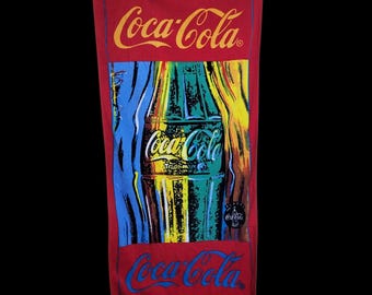 Vtg 1995 Coca Cola Beach Towel Red Multicolor Glass Bottle Cotton Terrycloth