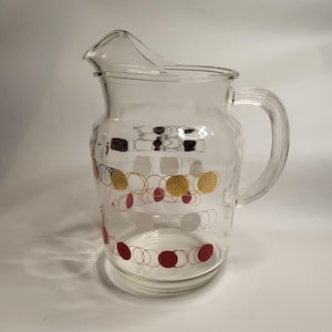 Vtg Clear Glass Lemonade Iced Tea Pitcher Gold White Red Circles & Dots