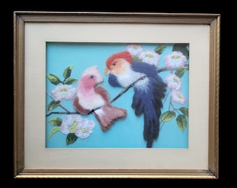 Vtg Framed Bird Picture Embroidery Fluffy Fabric Textile Art 22"x17.5"