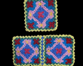 2 Vtg Hand-Crocheted Potholders Pot Rests Colorful