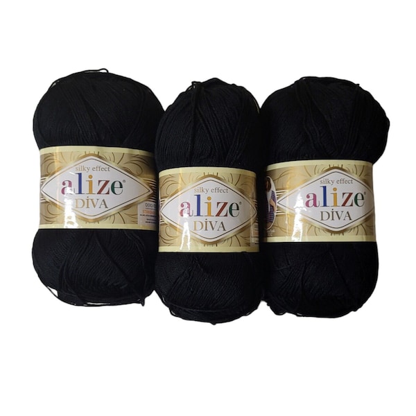 3 Alize Diva Silky Effect Yarn #60 Black - 100% Microfiber Acrylic - 100g Skeins