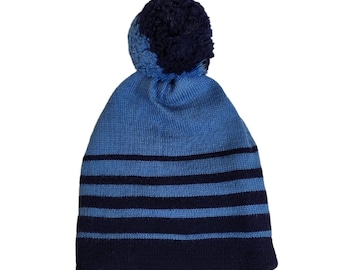 Vtg Wool Ski Hat Blue Striped Big Pom-Pom 100% Wool Knit