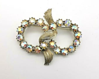 Vintage Coro Brooch Goldtone Double Circle Knot Bow Aurora Borealis Rhinestones