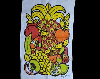 Vtg Midcentury Georges Briard Linen Kitchen Tea Dish Towel Colorful Fruit