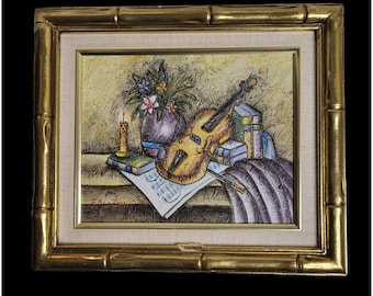 Textured Musical Violin Print in Bamboo Style Frame - Faux Oil Painting 14"x12"