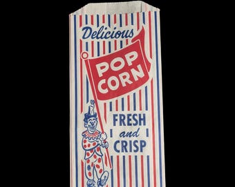 100 Vtg Paper Popcorn Bags Red White Blue with Clown - 4x1.5x8 "