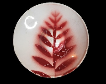 Vtg H. Edward Winter Small Enameled Dish/Plate Red & White Fern Leaf