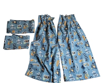 4 Vtg 1960s Hawaiian Barkcloth Curtain/Drapery Panels & Valances Blue Tiki Decor