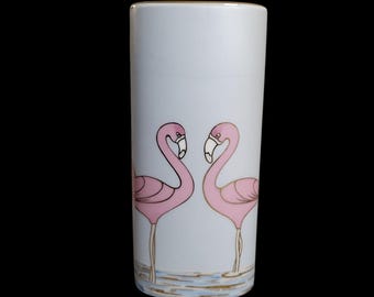 Vtg 1980s Pink Flamingo Porcelain Vase Light Blue Metallic Gold Trim