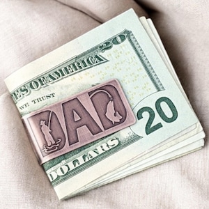 Clip para billetes grabado en cobre, regalo de pescador personalizado para papá, regalo de cumpleaños personalizado para papá, tarjetero con escritura a mano y nombres de niños
