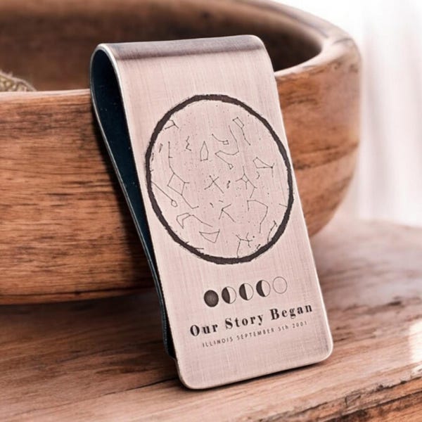Personalized Custom Money Clip with Star Map by Date, 7th. Anniversary Gift for Him with Engraved First Date Map, Night Sky Map Copper Gifts